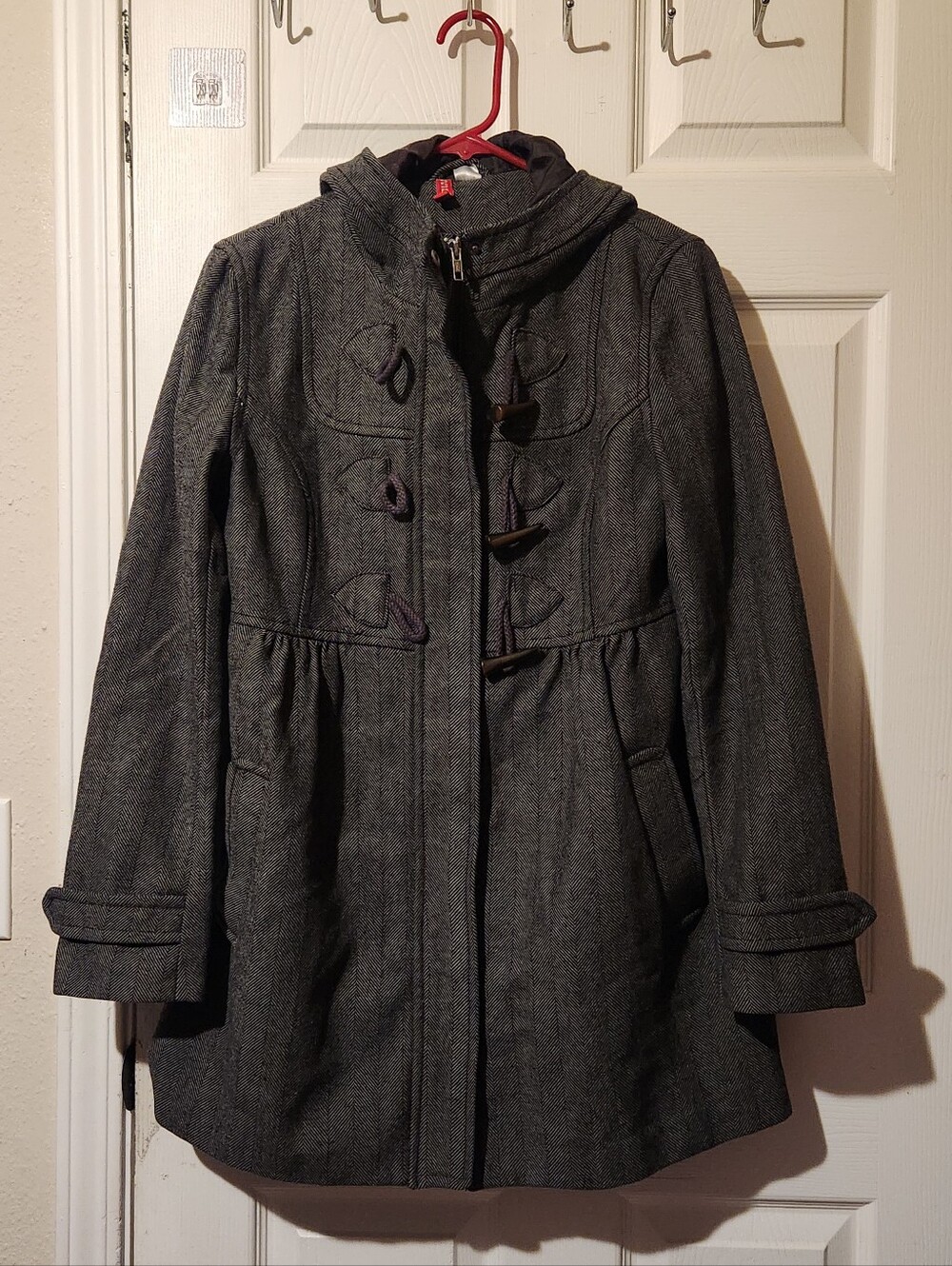 H&M Dark Gray Hooded Pea Coat with Zipper & Toggle Closures | Sz 12
